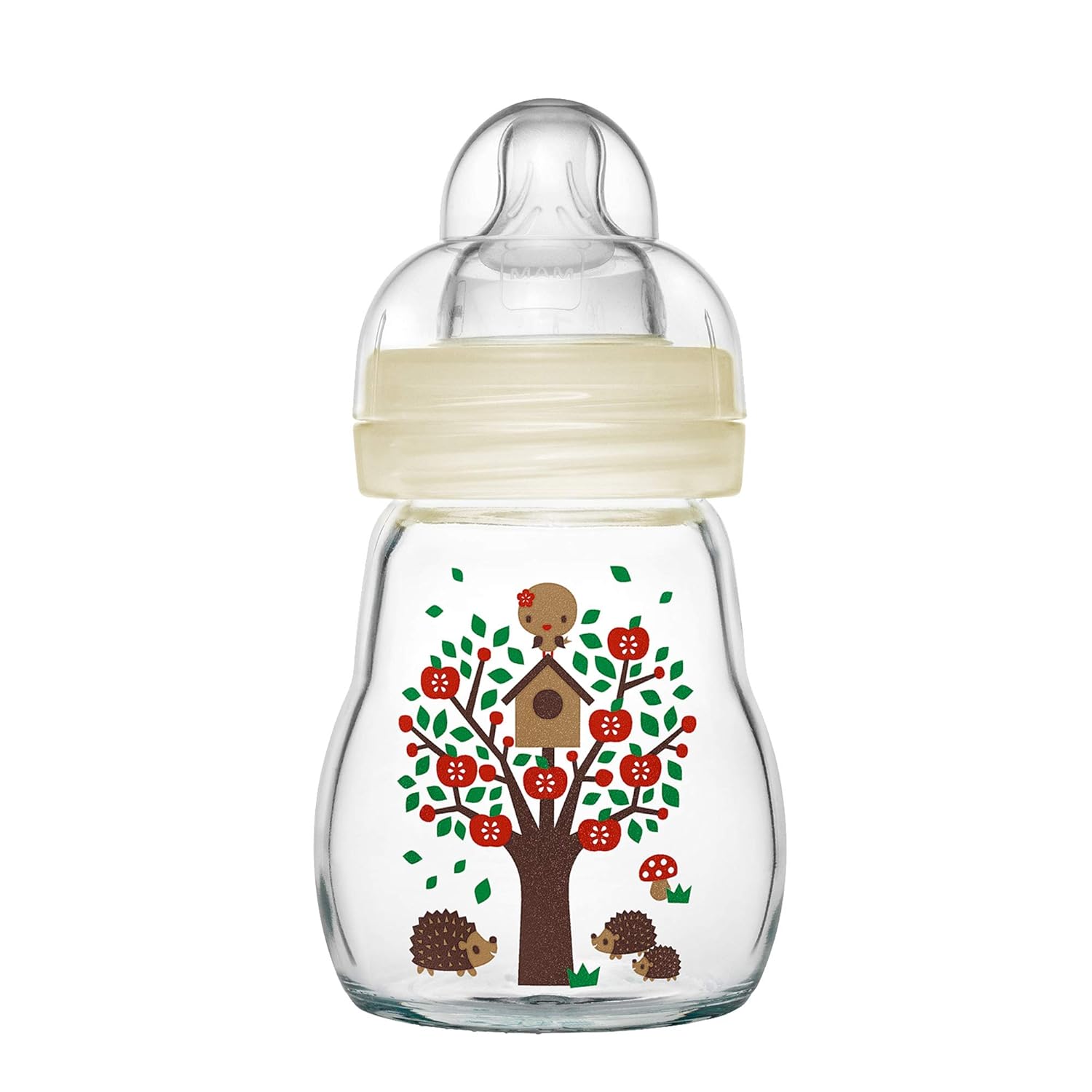 MAM Feel Good Babyflasche aus Glas (170 ml) – beige Babyflasche mit weiter Öffnung – stabile Baby Trinkflasche mit Sauger Gr. 1, ab der Geburt, Naturmotive, beige