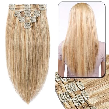 Clip in Extensions Echthaar günstig Haarverlängerung Remy Echthaar 8 Tressen 18 Clips Glatt 40cm-90g(#12/613 Hellbraun/Hell-L