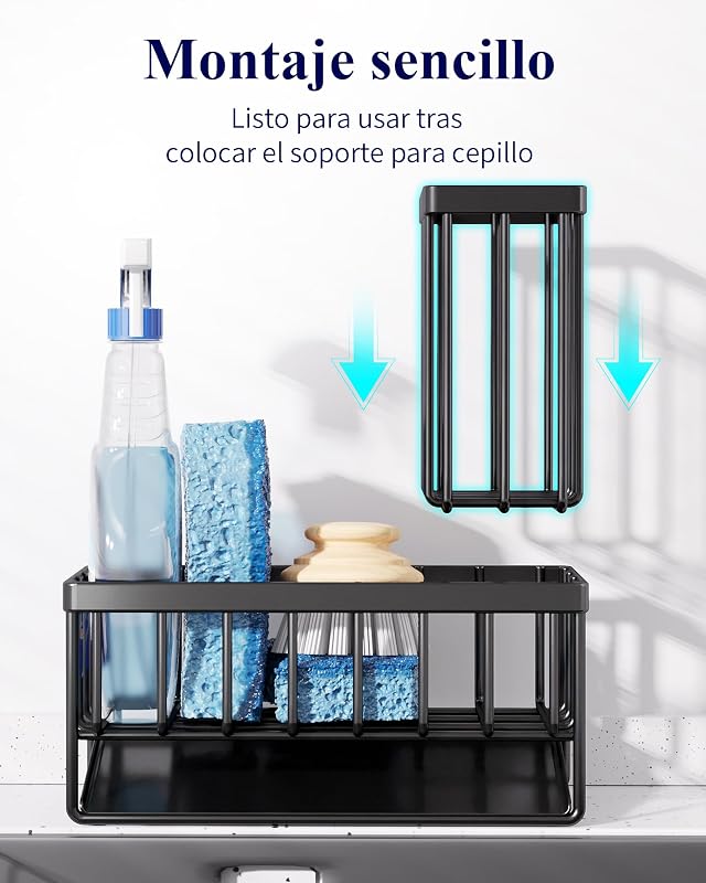 Organizador de Cozinha - Suporte para esfregar pias em aço inoxidável com ralo automático, organizador de pia com suporte para escovas para cozinha e casa de banho, 20 x 9,4 x 15,8 cm, preto