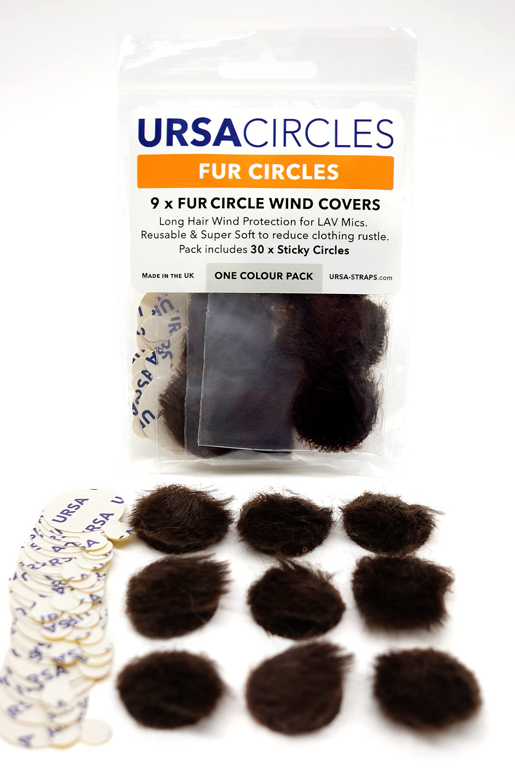 URSA Fur Circles - Mini Windshields for Lavalier/Lapel Microphones. Reduce Wind Noise & Clothing Rustle. Compatible with Sennheiser, RODE, Sanken, Tascam & More (9x Circles + 30x Stickies, Brown)