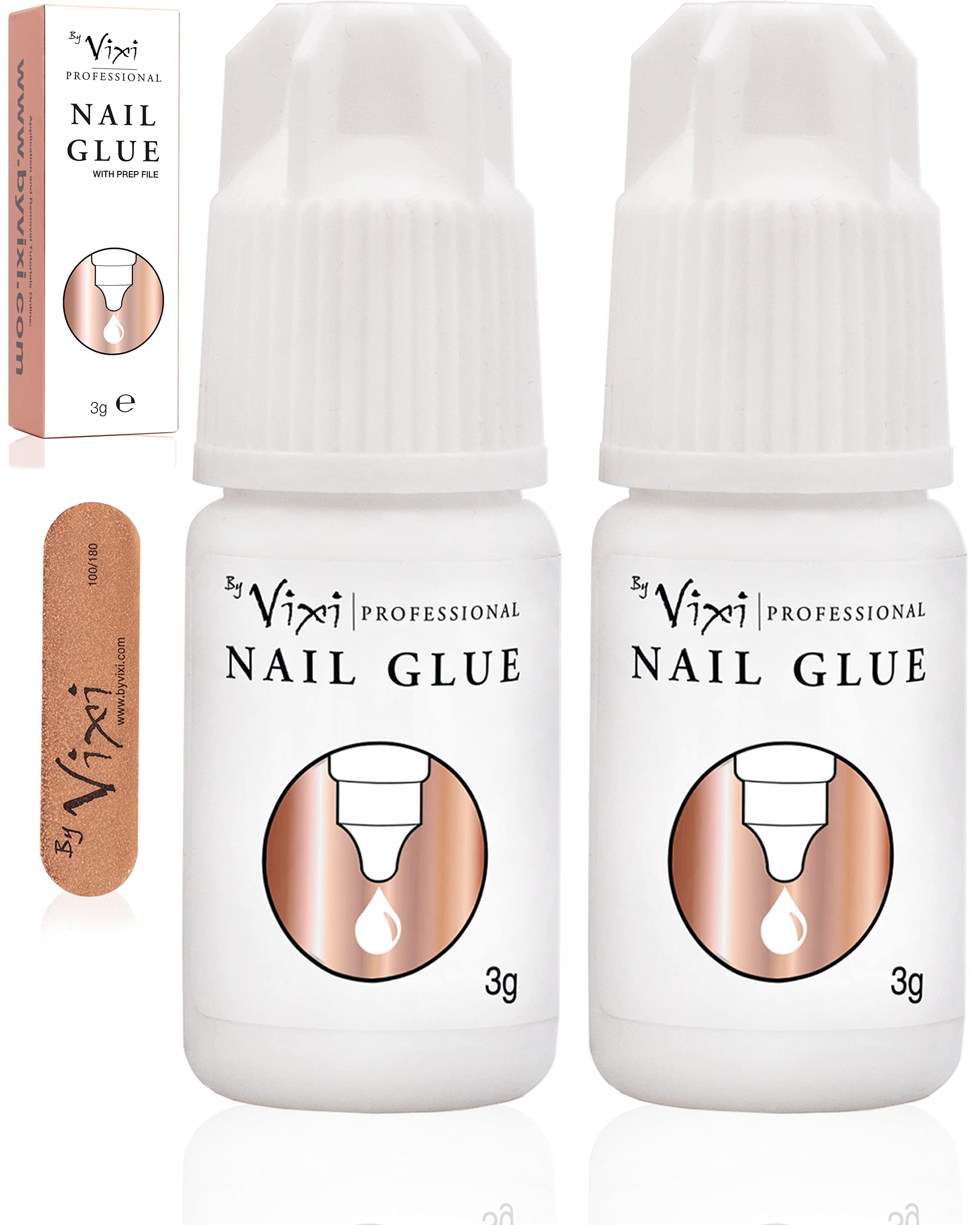 3ml x2 By Vixi EXTRA STRONG NAIL GLUE with File for False Nails, Press Ons, Tips & Acrylics, Quick Dry, Super Strong Nail Bond Adhesive for Mess Free Press-On Fake Nails – Salon Strength, Long Lasting