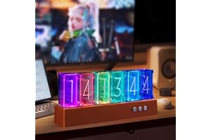 Auafanzy Digital Nixie Tube Clock with RGB LED, Vintage Glow Nixie Clock, Steam Punk Bulb Pixel Clock for Living Room, Bedroom, Gaming Desk. (Golden)