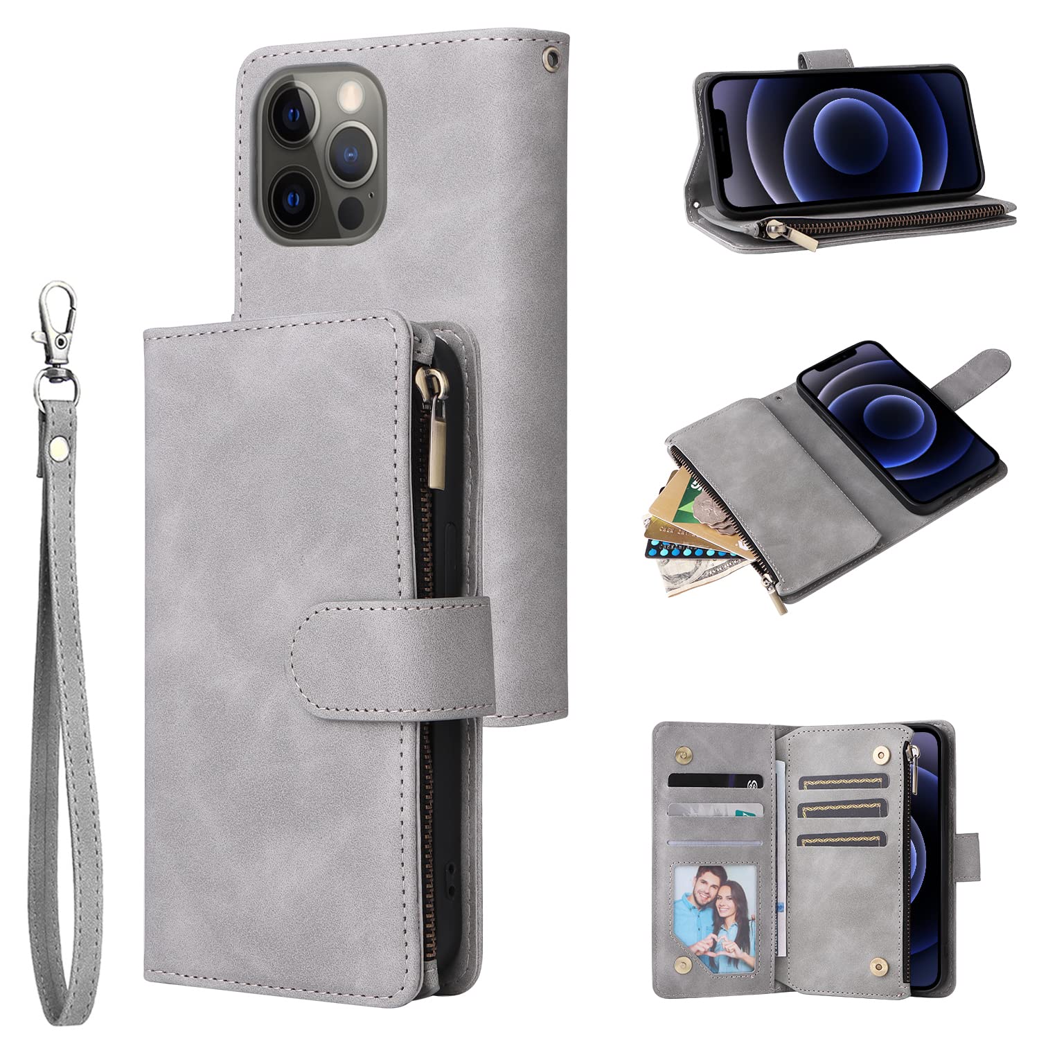 UEEBAI Wallet Case for iPhone 12/iPhone 12 Pro 6.1 inch, Premium Vintage PU Leather Magnetic Closure Handbag Zipper Pocket Case Kickstand Card Holder Slots Wrist Strap TPU Shockproof Flip Cover - Grey — image 1
