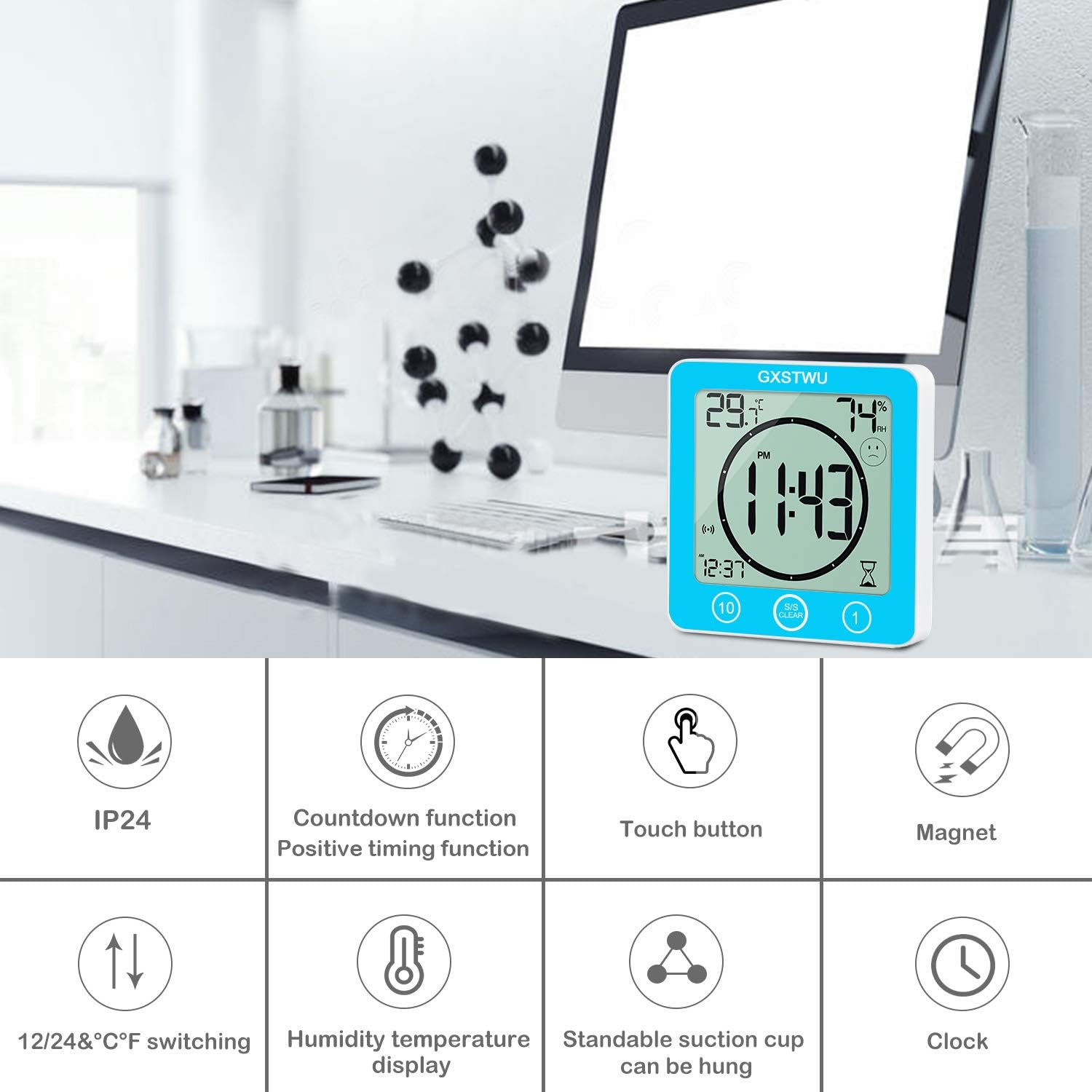 GXSTWU Digital Timer Shower Clock Waterproof Clocks for Bathroom Kitchen Timer Clocks Thermometer Hygrometer Wall Clock with Suction Cup Hanging Hole Stand Magnet Blue - Image 3