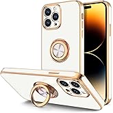 Hython for iPhone 14 Pro Case with Ring Stand [360° Rotatable Ring Holder Magnetic Kickstand] [Support Car Mount] Plated Gold Edge Soft TPU Luxury Shockproof Protective Phone Case Cover, White