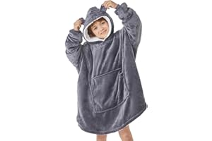 L'AGRATY Kids Wearable Blanket Hoodie Flannel Sherpa Oversized Sweatshirt Hooded Blanket Throw with Sleeves and Big Pocket Cozy Fluffy Warm Soft Giant Winter Sweater Blanket Hoodie for Boys Girls