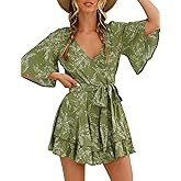 Bonkwa Women's Casual Rompers Floral Print Mid Sleeves Waist Tie Romper Ruffle Hem Deep V-Neck Short Jumpsuits for Summer