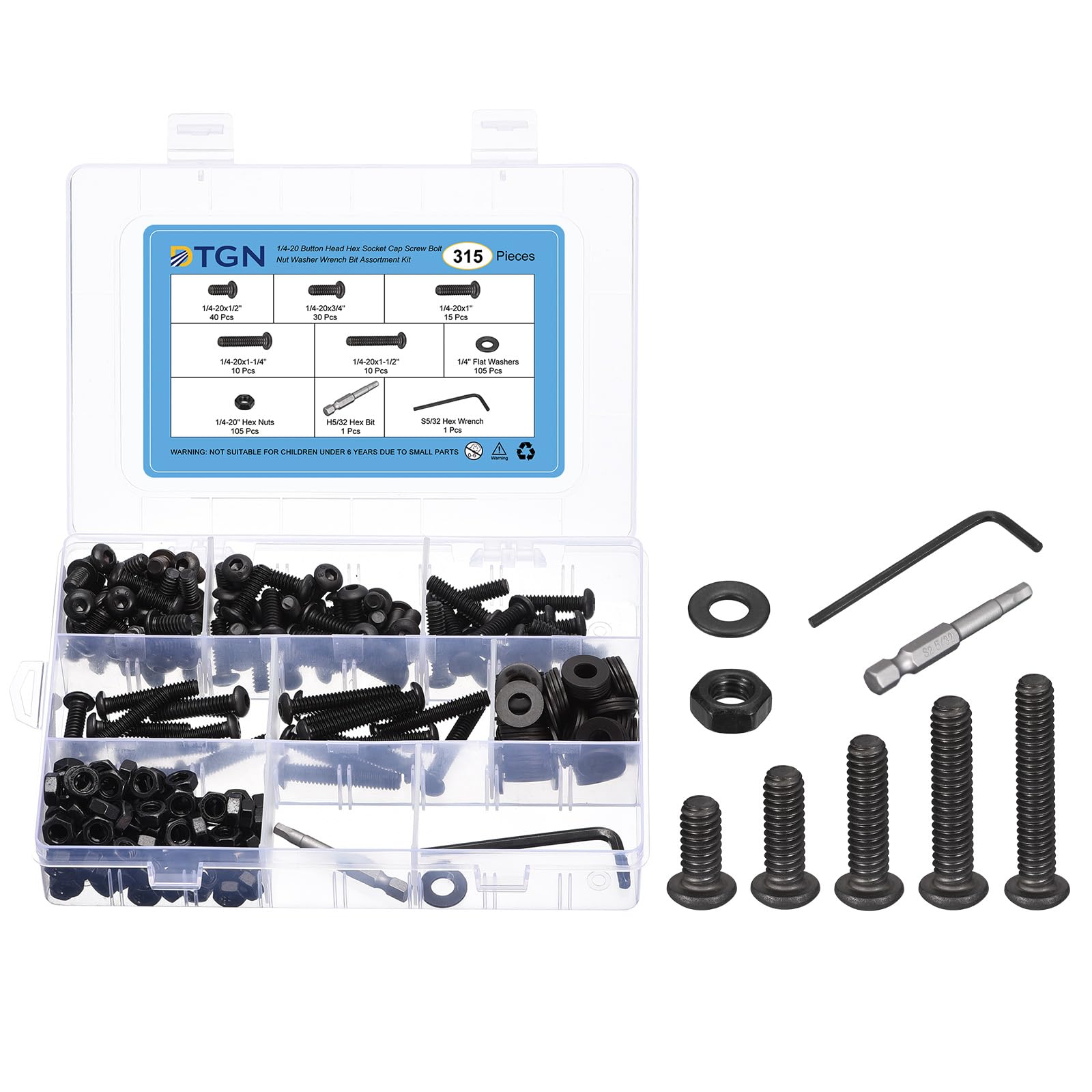 DTGN 315Pcs 1/4-20x1/2~1-1/2 Button Head Hex Socket Cap Screw - Bolt Nut Washer Wrench Bit Assortment Kit Carbon Steel Black - Good for Machine, Furniture