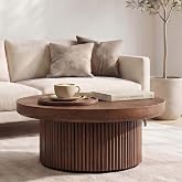 33.5'' Round Coffee Table with Cylindrical Base, Modern Wood Coffee Table | with Real Wood Parquet Pattern Top, Fluted Circle Center Table with Thickened Tabletop for Living Room Apartment