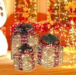 LAMPHOME 70 LED Christmas Set of 3 Lighted Rattan