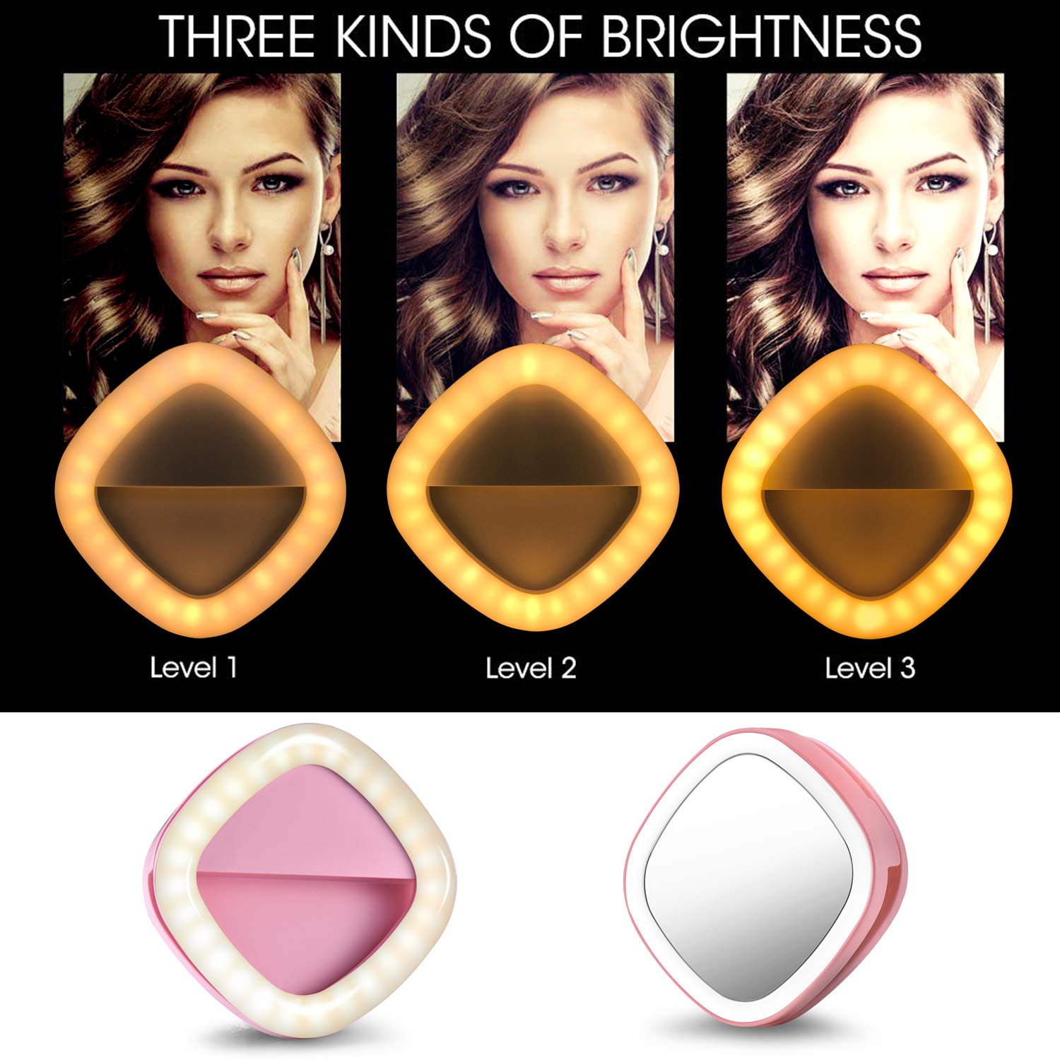 Selfie Ring Light, Solarxia Rechargeable Selfie Lights with Makeup Mirror[52 LED Bulbs][3-Light Mode][9-Level Brightness] for iPhone iPad  MacBook Laptop Android Camera (Pink)