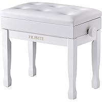 FILISITE Adjustable Height Piano Bench Stool PU Leather Cushion Wooden Keyboard Seat with Music Storage (White)