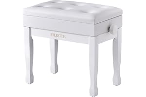 FILISITE Adjustable Height Piano Bench Stool PU Leather Cushion Wooden Keyboard Seat with Music Storage (White)