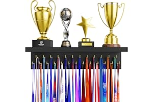 DSVENROLY Medal Holder Display Trophy Shelf Organizer, Sturdy Wooden Medal Hanger Rack with 25 Steel Hooks, Wall Mount Awards Race Storage Stand for Sports Fans, Cheer Success, Easy to Install