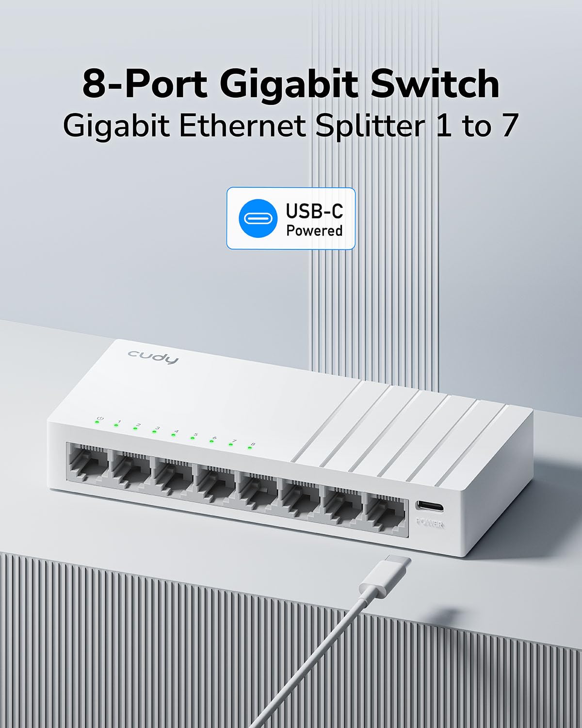 Cudy GS108U 8 Port Gigabit Ethernet Switch mit USB-C Power Jack Desktop Ethernet Splitter Kunststoffgehäuse ungeschirmter Schalter Plug & Play Fanless Unmanaged 2