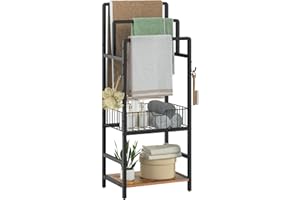 HOOBRO Free Standing Towel Rack, Blanket Rack with 3 Towel Bars, Storage Basket and Shelf, Towel Holder with Hook, Blanket Or