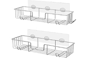 AmazerBath Adhesive Shower Caddy Basket Rack with Hooks, Shower Shelf Wall Mounted, No Drilling Shower Organizer for Bathroom