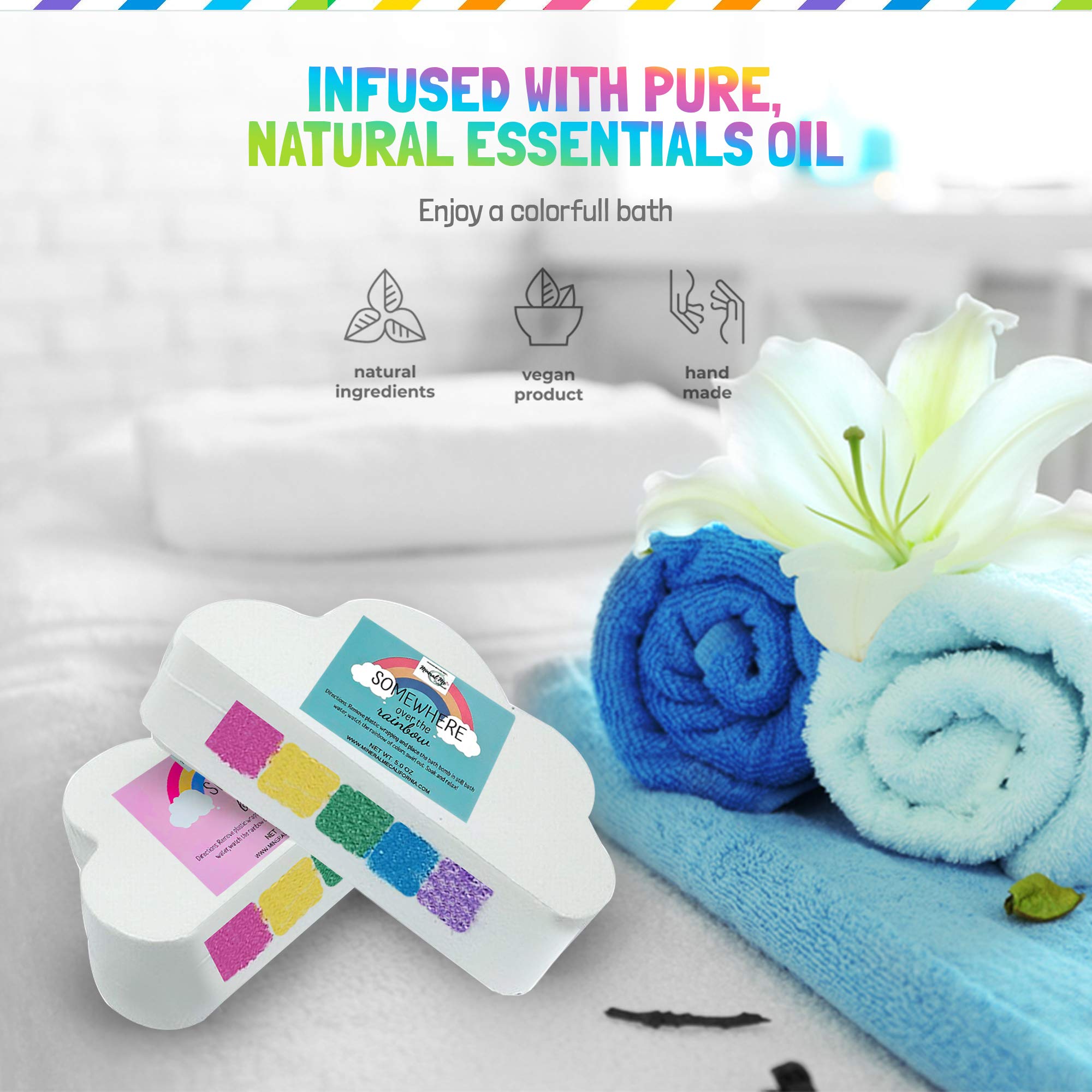 Rainbow Bath Bombs for Kids - All Natural Magic Rainbow BathBombs with Organic Ingredients, Moisturizing, Vibrant Colors & Rich Bubbles, Cloud Bath Bombs, Birthday Gifts for Kids, Girls, Boys
