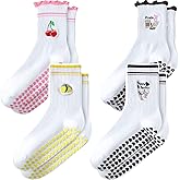 ZFiSt Pilates Socks with Grips for Women,4Pairs Ruffle Yoga Sock Cute Cotton Grippy Socks for Barre Workout Non Slip 5-10in