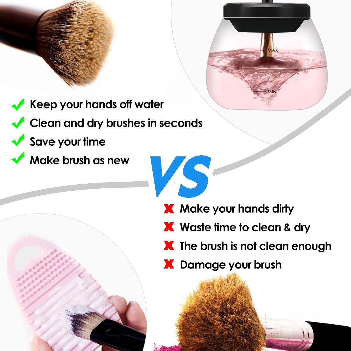 Makeup Brush Cleaner,Hizek Electric Makeup Brush Cleaner Spinner,USB Rechargeable Fast Automatic Brush Cleaner & Dryer Cosmetic Brush Washing Tools with 8 Rubber Collars,Cleaning 2 brushes at Once: Beauty