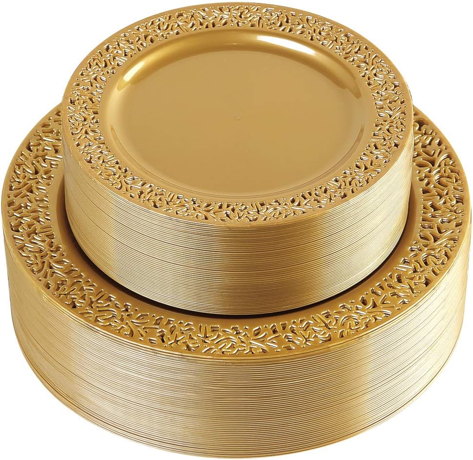 102 Pieces Solid Gold Disposable Plates, Lace Design Plastic Plates, Premium Heavyweight BPA Free Plates Includes: 51 Dinner Plates 10.25 Inch and 51 Salad/Dessert Plates 7.5 Inch