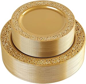 102 Pieces Solid Gold Disposable Plates, Lace Design Plastic Plates, Premium Heavyweight BPA Free Plates Includes: 51 Dinner Plates 10.25 Inch and 51 Salad/Dessert Plates 7.5 Inch