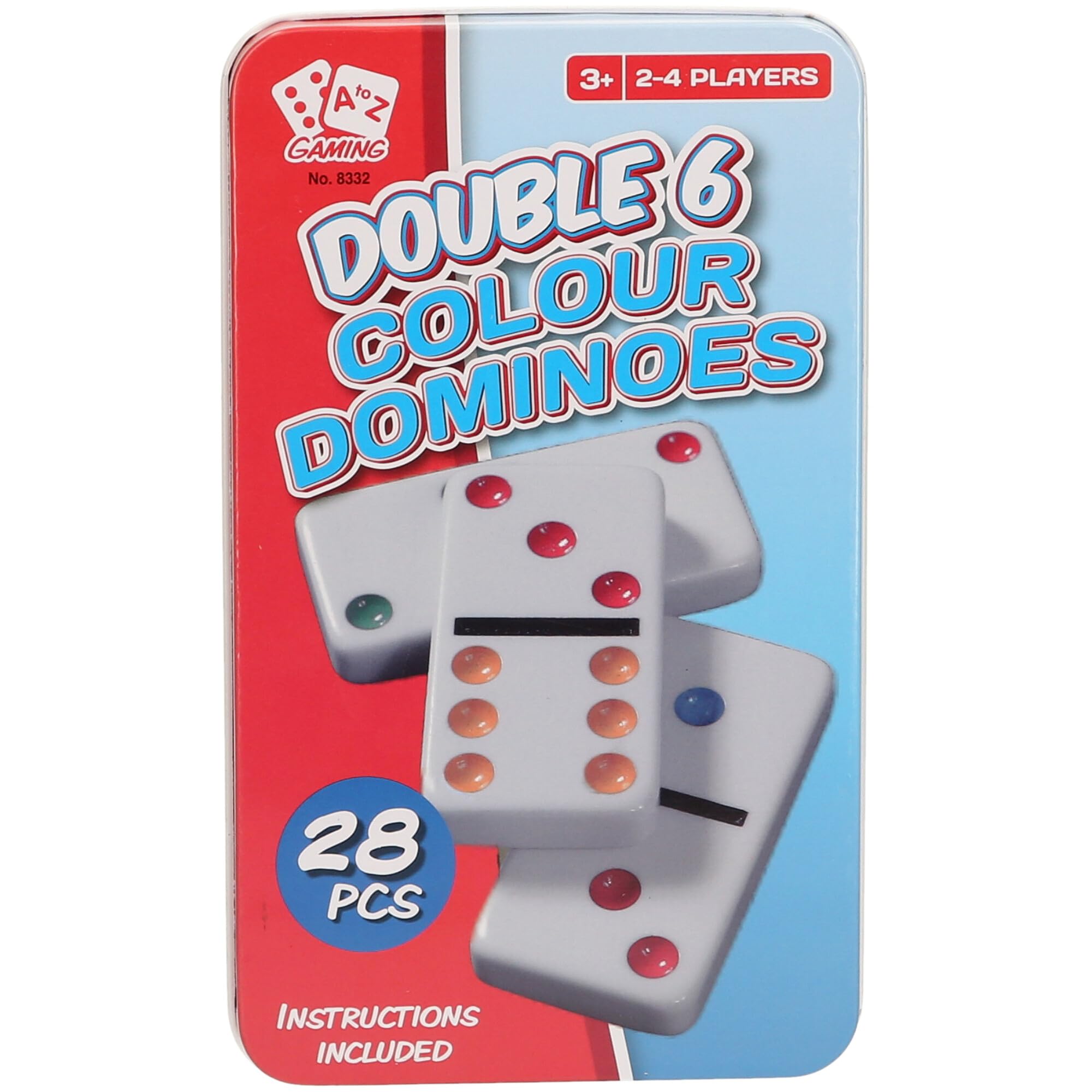 Double 6 Colour Dominoes Set, 28 Pieces, 2-4 Players, Ages 3+, with Storage Tin, Red, Blue, Green, Orange