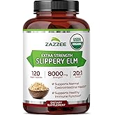 Zazzee USDA Organic Slippery Elm Bark 20:1 Extract, 8000 mg Strength, 120 Vegan Capsules, 4 Month Supply, Standardized, Concentrated 20X Extract, 100% Vegetarian, All-Natural, Non-GMO, Made in the USA