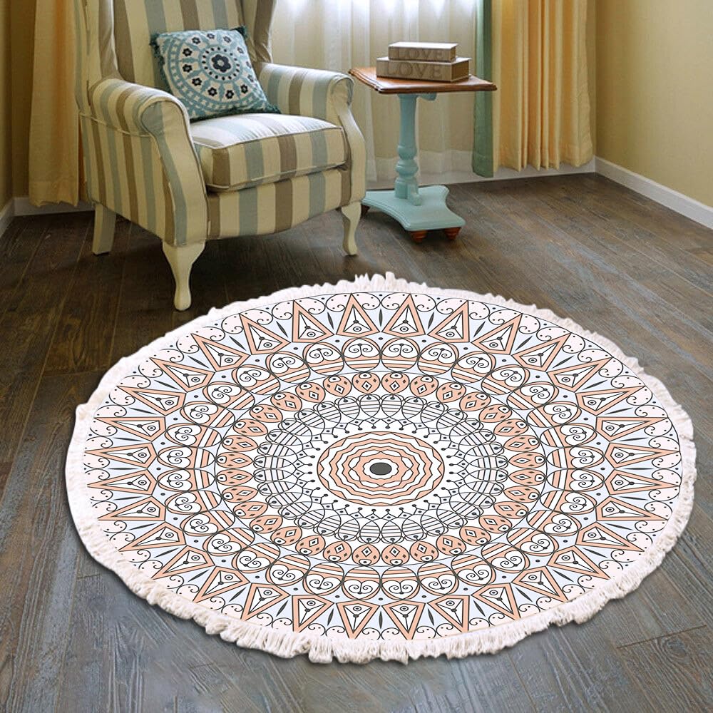 Duories Vintage Boho Cotton Rugs Mandala Pattern Washable Hand-Woven Bohemian Round Rug with Tassels for Bedroom Hallway Living Room Coffee Table Doormats, Machine Washable, 120 cm Flowers #24 — image 1