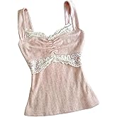Sunloudy Women Coquette Grunge Tank Tops Vintage Aesthetic Lace Trim Camisole Ribbed Knit Slim Fit Fairy Shirt Clothes