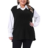 Agnes Orinda Plus Size Sweater Vest for Women V Neck Sleeveless Pullover Split Hem Knit Vest Classic Sweater Tops