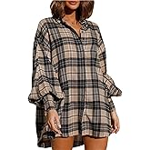 Women’s Flannel Dress Long Lantern Sleeve Button Down Casual Plaid Shirt Dress Oversized Blouse Tops