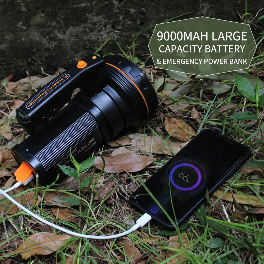 Eornmor Outdoor Handheld Portable Flashlight 6000 Lumens USB Rechargeable Super Bright LED spotlight Torch Searchlight Multi-function Long Shots Lamp, 9000ma 35W (Black) - - 