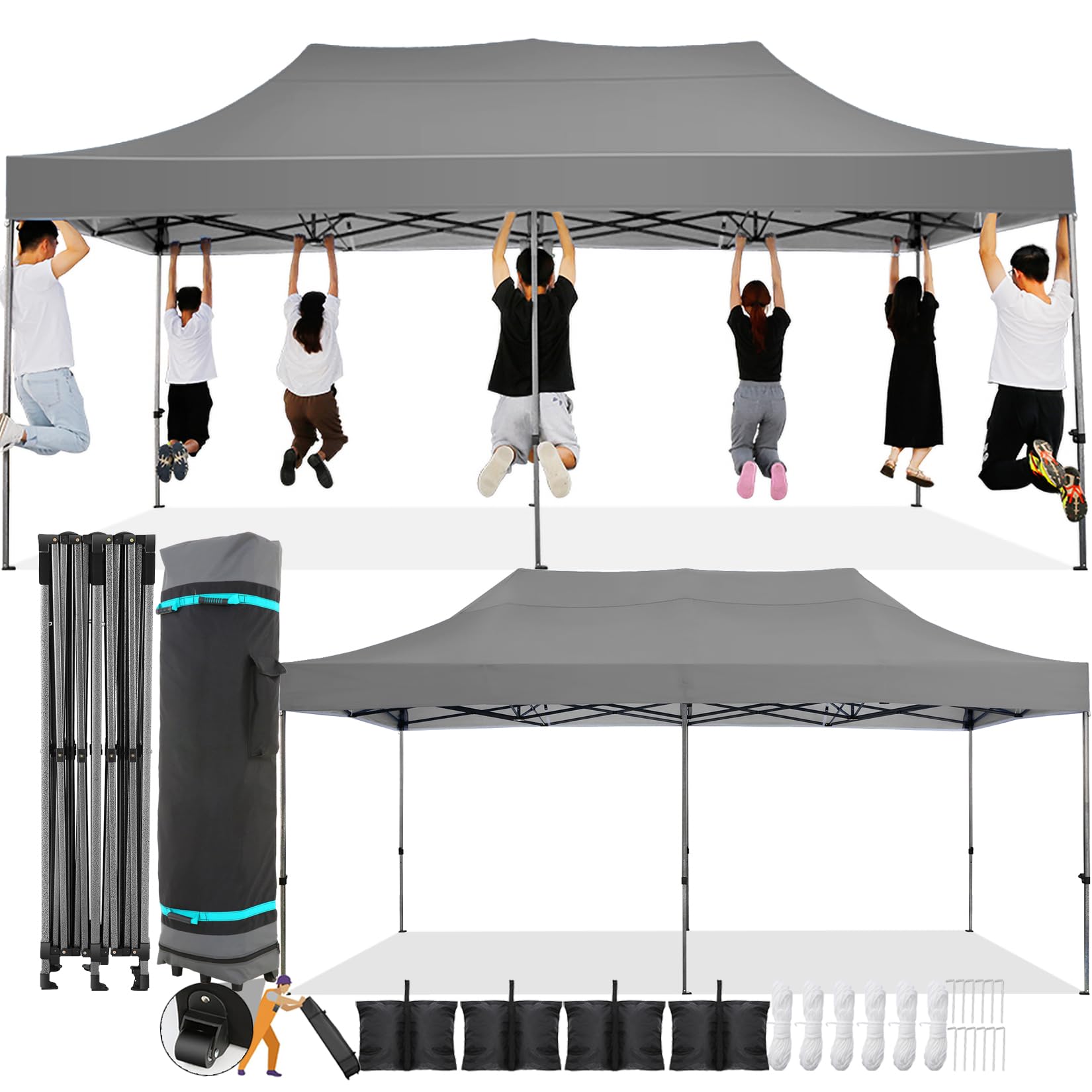 Photo 1 of COBIZI 10x20 Pop Up Canopy Without Sidewall,Heavy Duty Canopy UPF 50+ All Season Wind Waterproof Commercial Outdoor Wedding Party Tents for Parties Gazebo with Roller Bag(10 x 20 ft Gray)