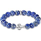 Men's Cross Bracelet, 10mm Natural Gemstones, Elastic Adjustable Christian Beaded Bracelet for Baptism, Communion, Anniversary, Christmas & Thanksgiving,Silver Obsidian/Lapis Lazuli/Tiger Eye/Map Stone