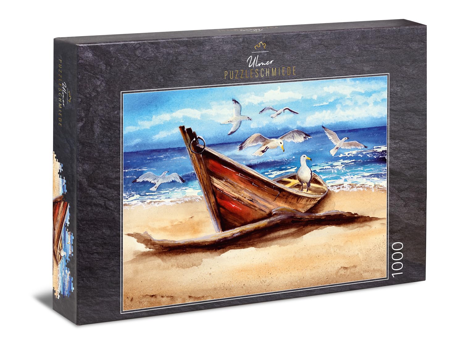 Ulmer Puzzleschmiede - Puzzle "Driftwood": 1000 pieces jigsaw puzzle - Landscape painting at the sea: An old boat and sea birds on the beach