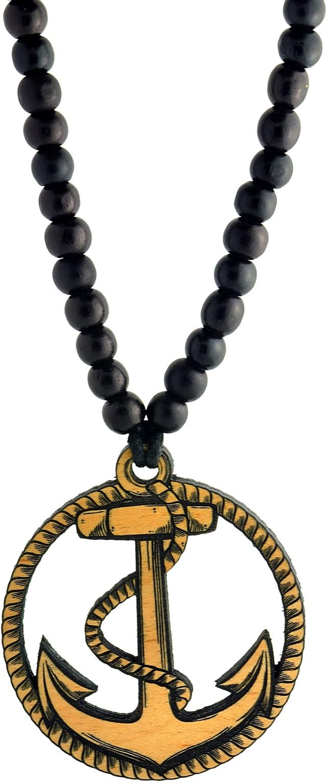 Anchor Wooden Pendant with Wood Bead Necklace SwaggWood Made in USA