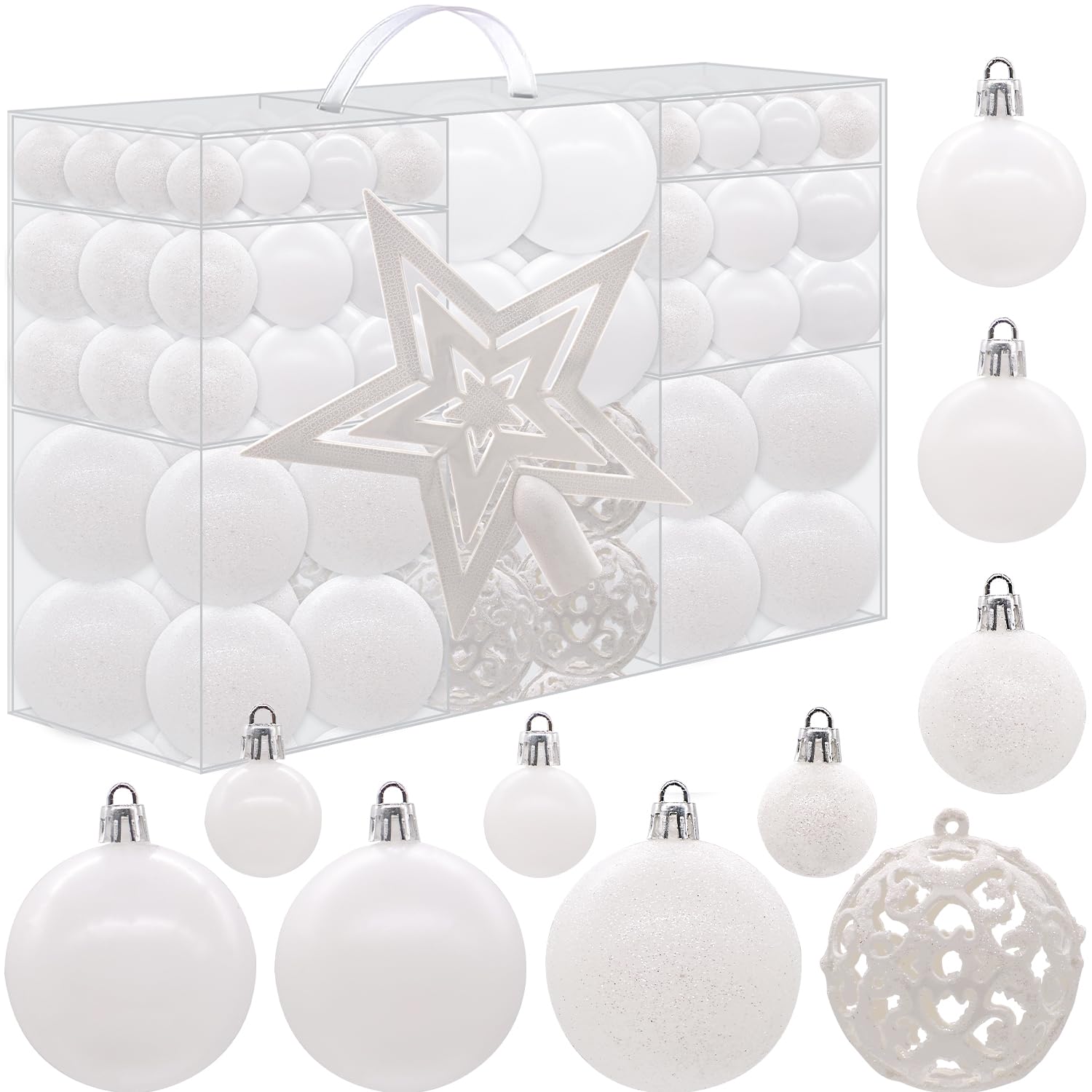 101 Pieces Christmas Baubles Xmas Tree Hanging Decorations Ornaments, 2/4/6 CM Balls for Tree Decorations, Christmas Balls Decoration, White Color