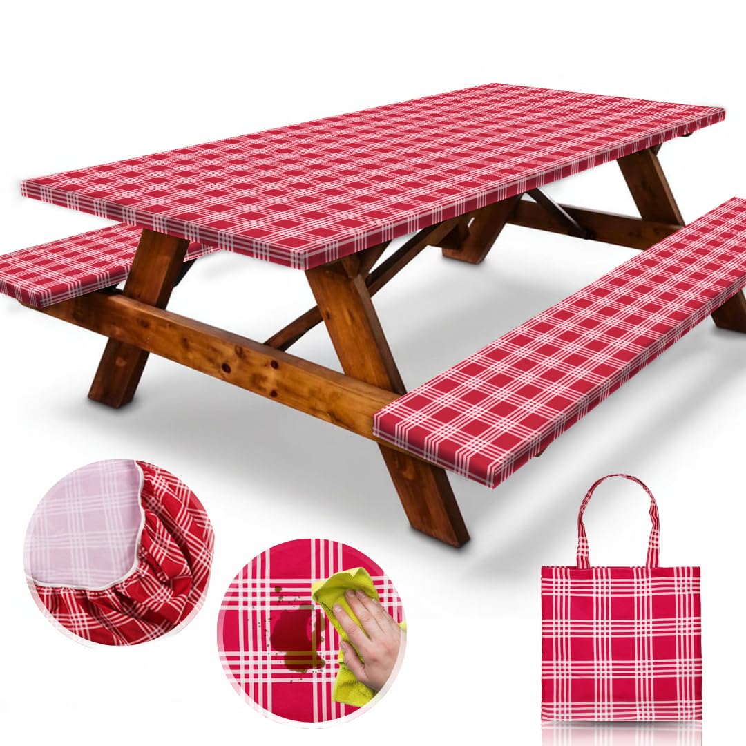Photo 1 of RNOONY 6ft Polyester Picnic Table Cover with Bench Covers Windproof & Waterproof Tablecloth, Perfect for Camping Gifts & RV Essentials, Cool Camping Gadgets, with Carrying Bag, 72x30 Inches, Red