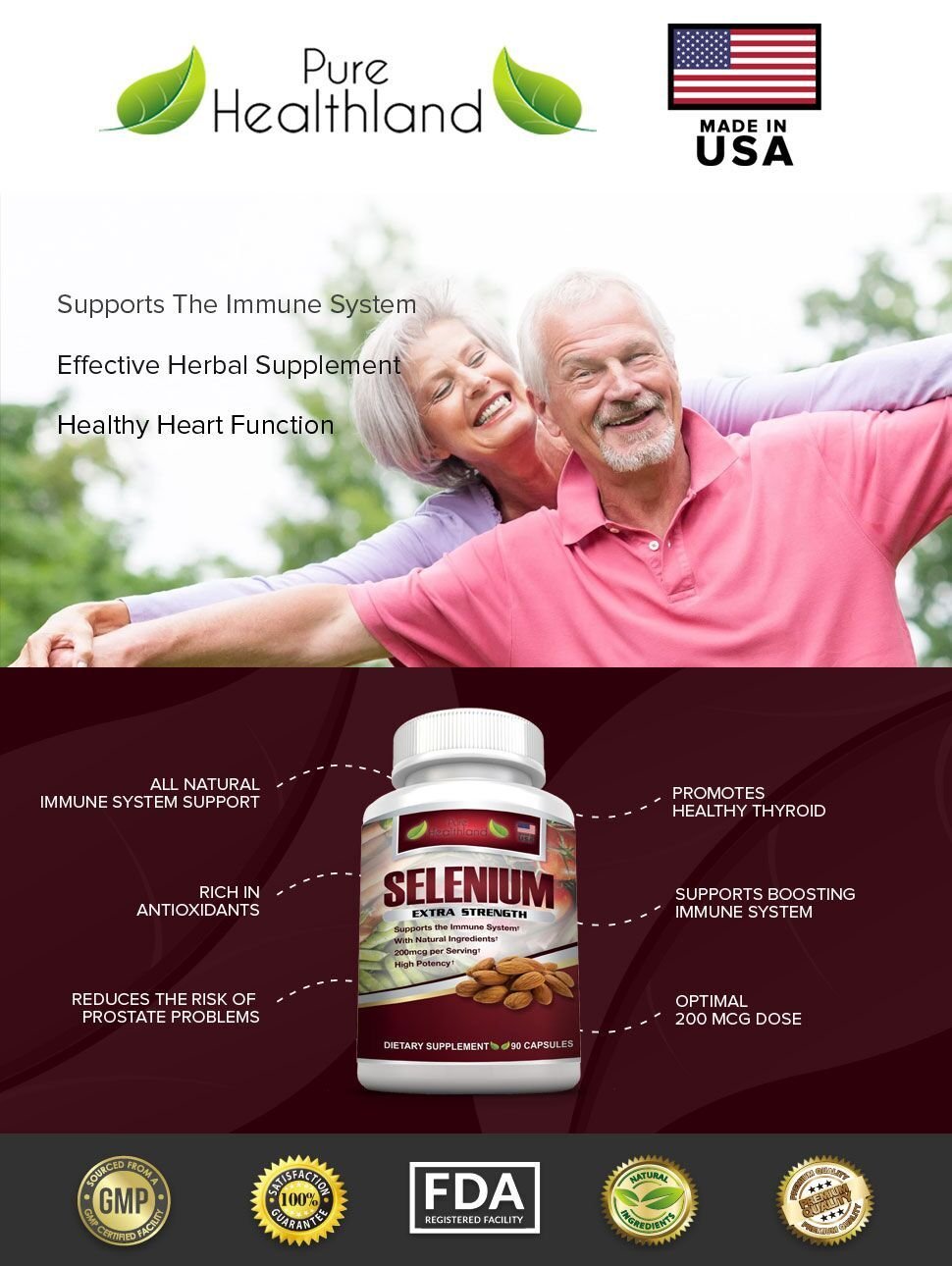 SELENIUM EXTRA STRENGTH Supplement Capsules. Pure Healthland\'s Powerful 200mcg Antioxidant Which Supports Immune System, Heart, Thyroid, & Prostate Health.