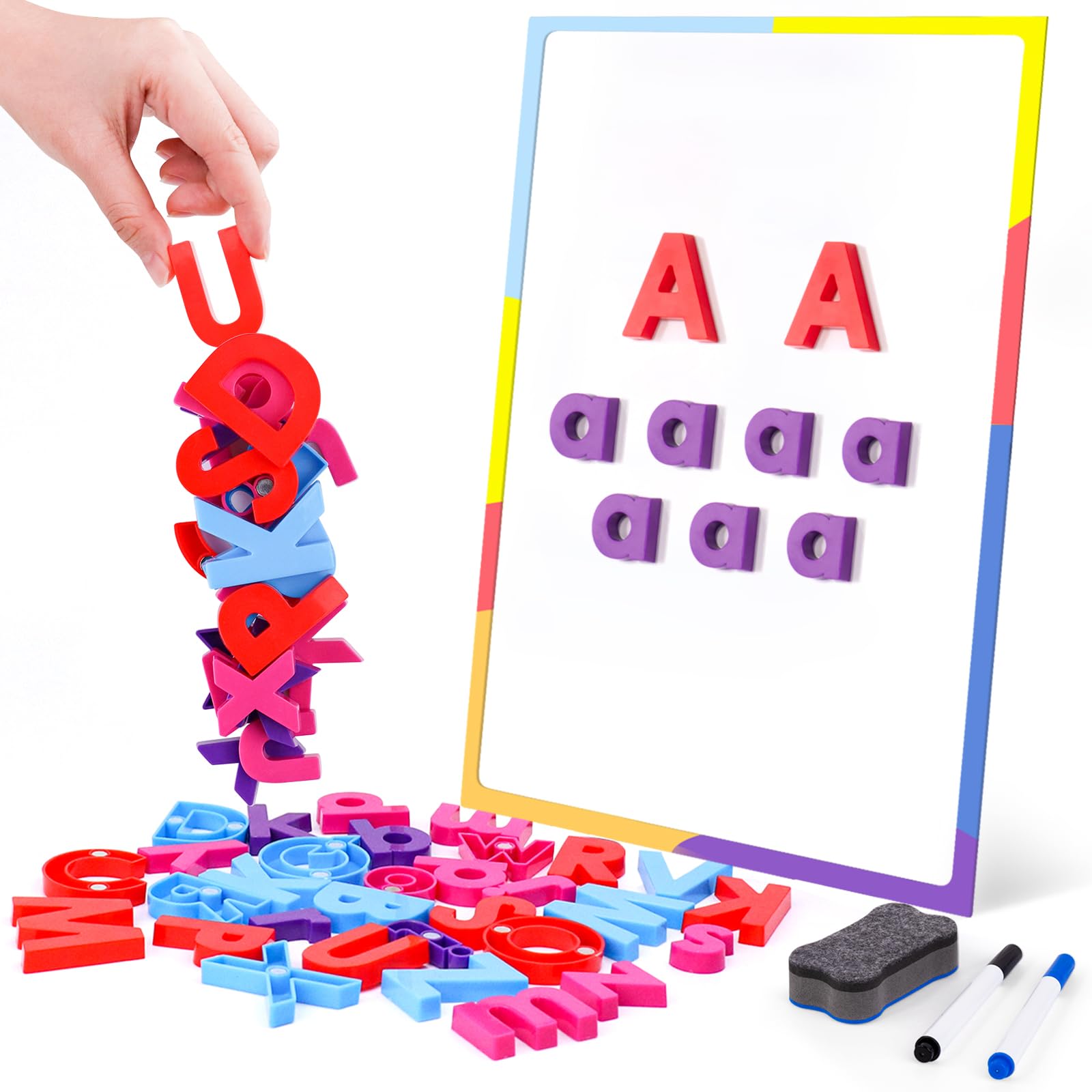Photo 1 of 234 Pieces Magnetic Plastic Alphabet Letters Learning Kit Except Number with Double-Sided Whiteboard Markers Eraser Storage Box A to Z Letters Learning Tool for Home Use