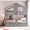 Harper & Bright Designs House Bunk Bed for Kids, Twin Over Twin Bunk Beds with Storage Drawers & Shelf, Solid Wood Bunk Bed with Roof & Window for Kids Girls Boys Teens,Gray