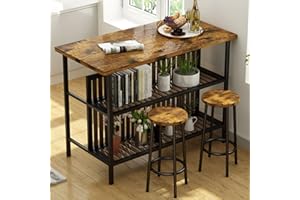 Lamerge 3 Piece Bar Table and Chairs Set, Industrial Bar Table Set for 2 Kitchen Island with Seating,Counter Height Table with Storage Shelves,Dining Room Table Set for Kitchen,Walnut