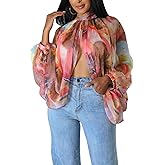 Ophestin Womens Print Sexy Open Back Sheer Chiffon Balloon Sleeve Shirt Blouse Tops Coverup