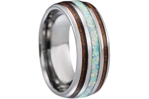 Aloha Jewelry Company 8mm Opal Tungsten Carbide Hawaiian Koa Tree Wood with Created Comfort Fit Ring Engagement Wedding Band Dome Style Weighted High Polished Finish with Gift box