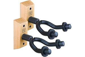 H&S Wall Mount Guitar Hanger Hooks – Wood Base 2-Pack for Bass, Electric, Acoustic – Rubber Handles - Guitar Accessories