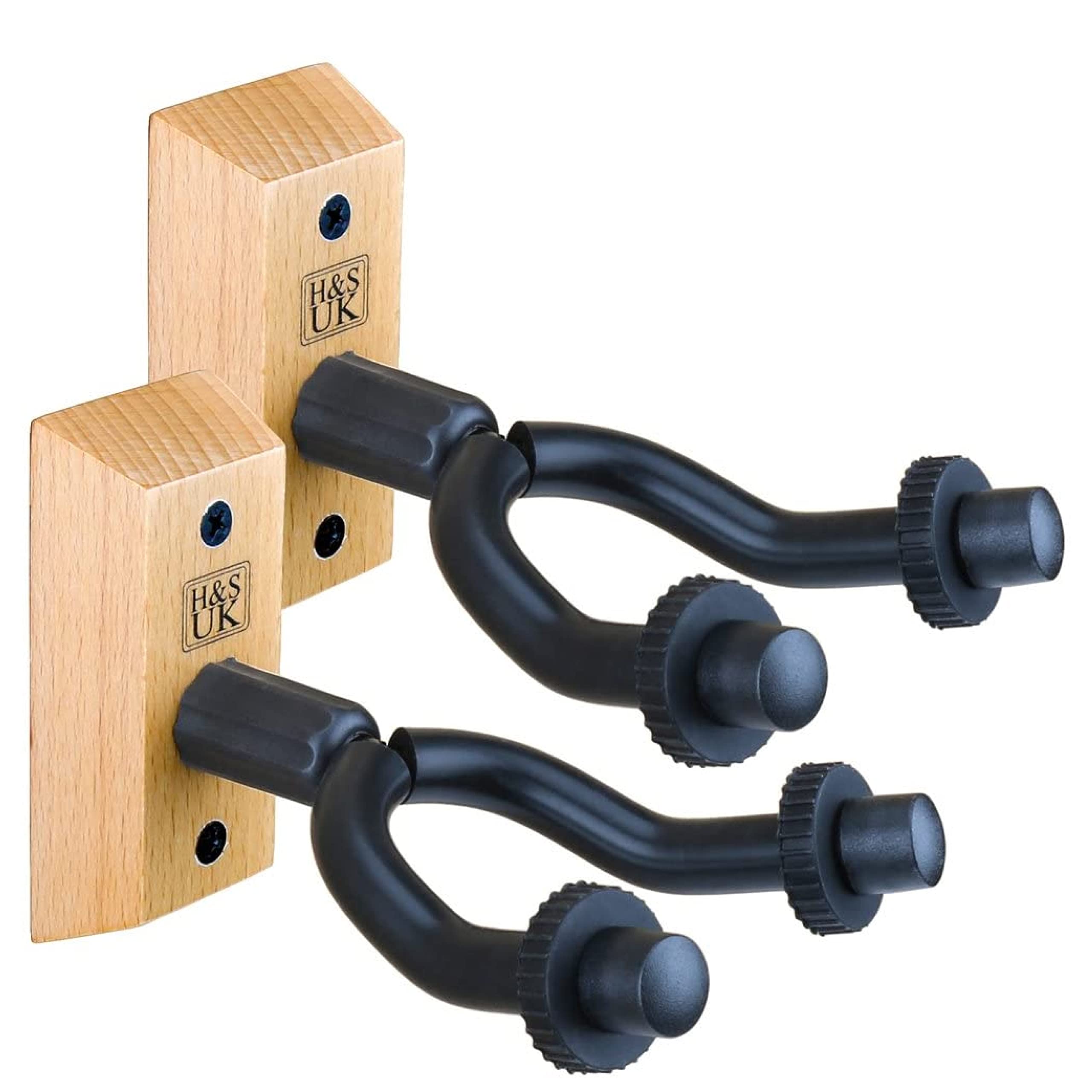 H&S Guitar Wall Mount - Guitar Wall Hanger with Solid Wooden Base - Rubber Hooks for Safe Display Stand - Mounted Bracket Holder for Guitars - Electric Bass or Acoustic - 2 Pack
