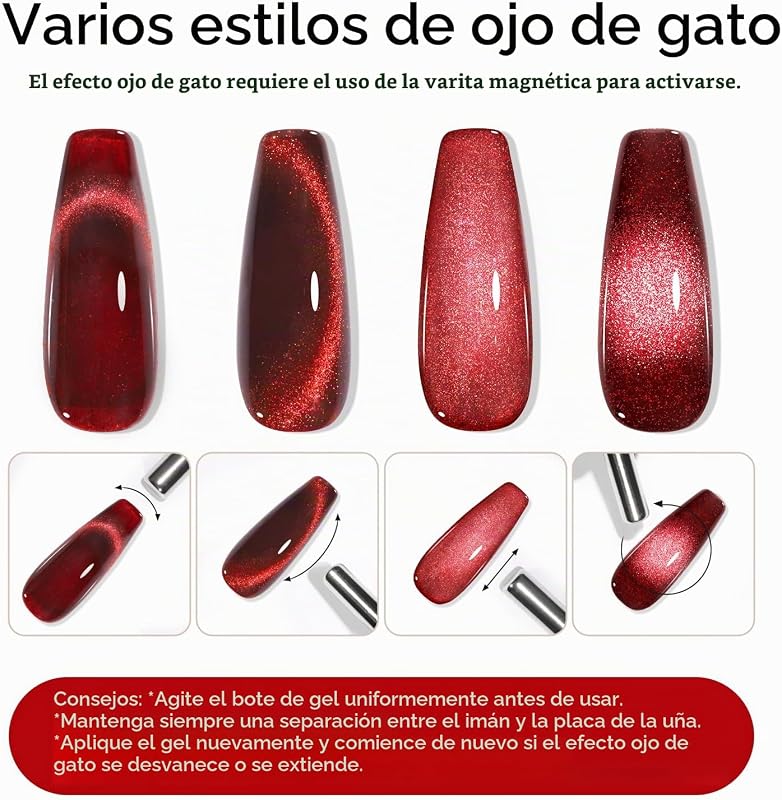 6PCS Esmaltes Semipermanentes para Uñas Rojo, Cat Eye Gel, Jelly Gel Nail Polish, Esmaltes Semipermanentes Brillantina Glitter, Nail Art Manicura 10ML