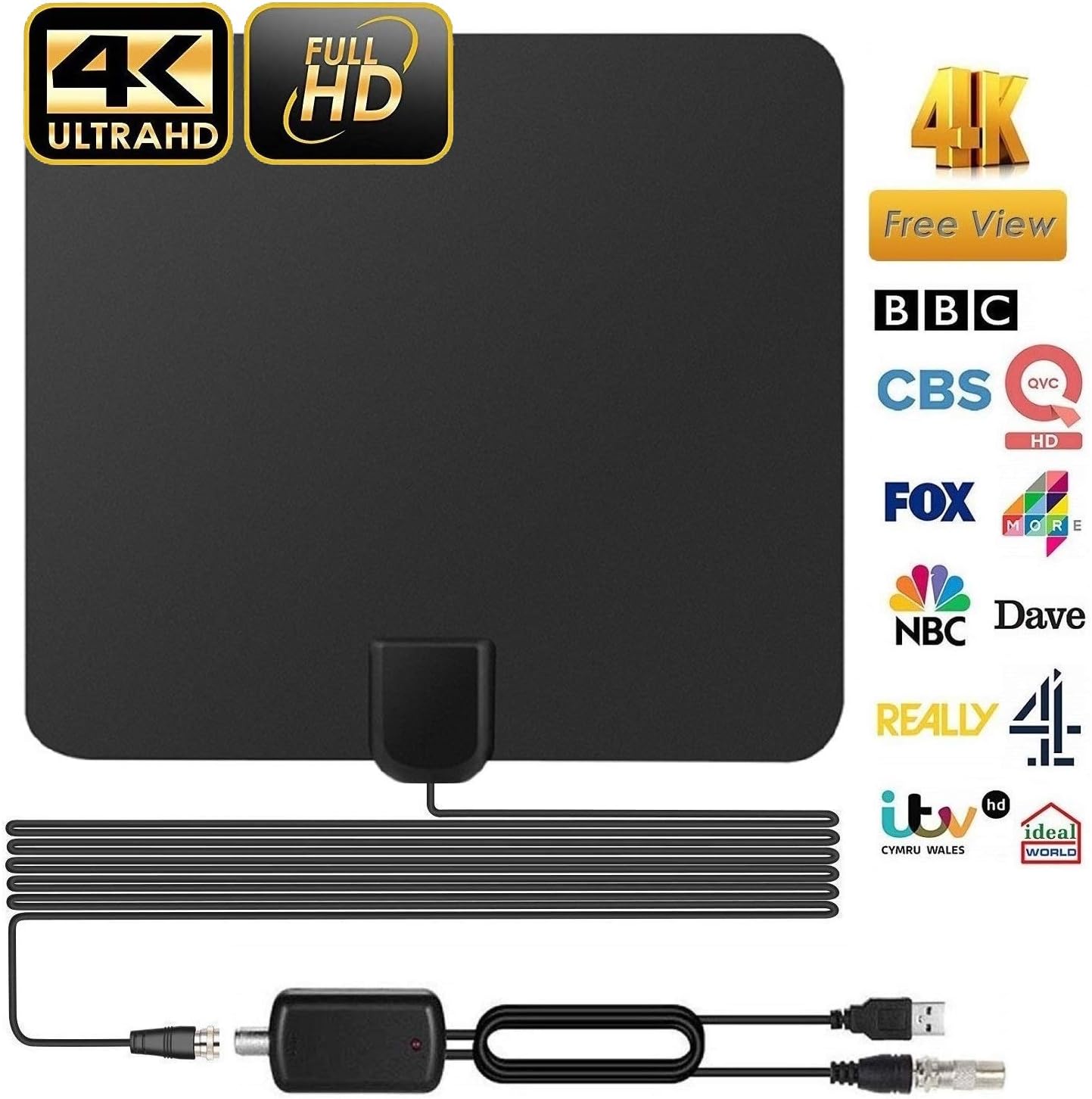 Indoor TV Aerial for Digital Freeview, AtQuya Ultra-Thin Amplified 60+ Miles Range Digital TV Aerial HDTV Antenna for All Types of Built-in Tuner Home Smart TV, Support 4K 1080P HD/VHF/UHF/FM
