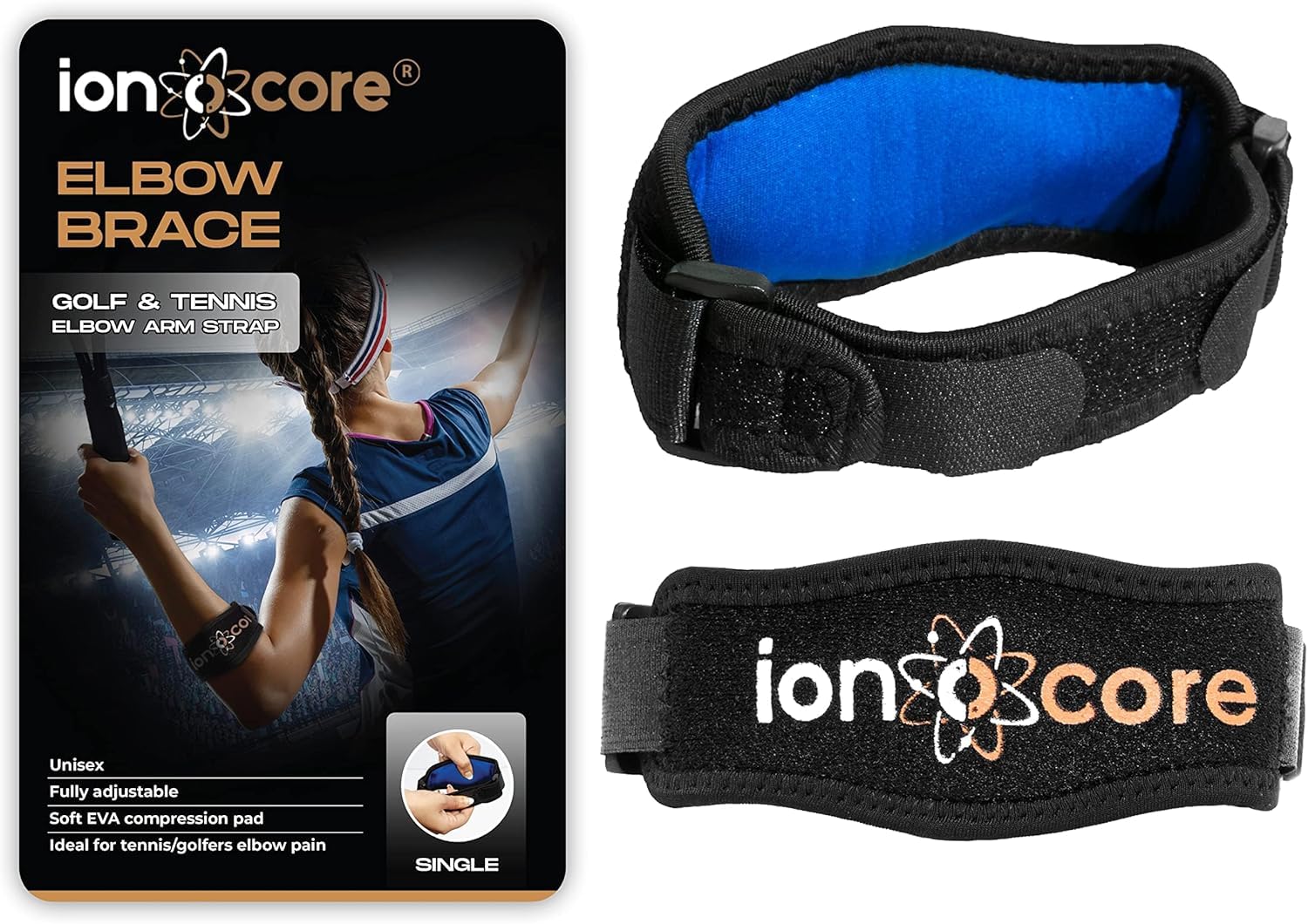 ionocore Tennis Elbow Support Strap - Golfers Elbow Support for Men & Women - for Rapid Pain Relief & Recovery - Elbow Brace with EVA Compression Pad & Adjustable Tennis Elbow Supports